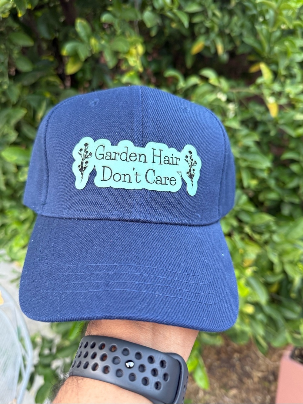 Navy Baseball Cap with Mint 'Garden Hair Don't Care' Patch